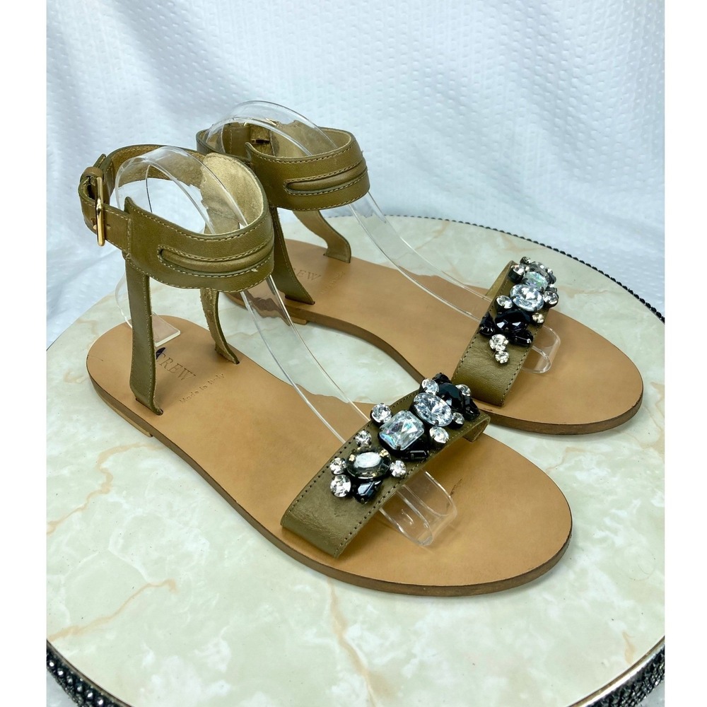 J. Crew Jeweled Ankle Strap Flat Sandals Womens Sz 9.5 Olive Green Leather Party